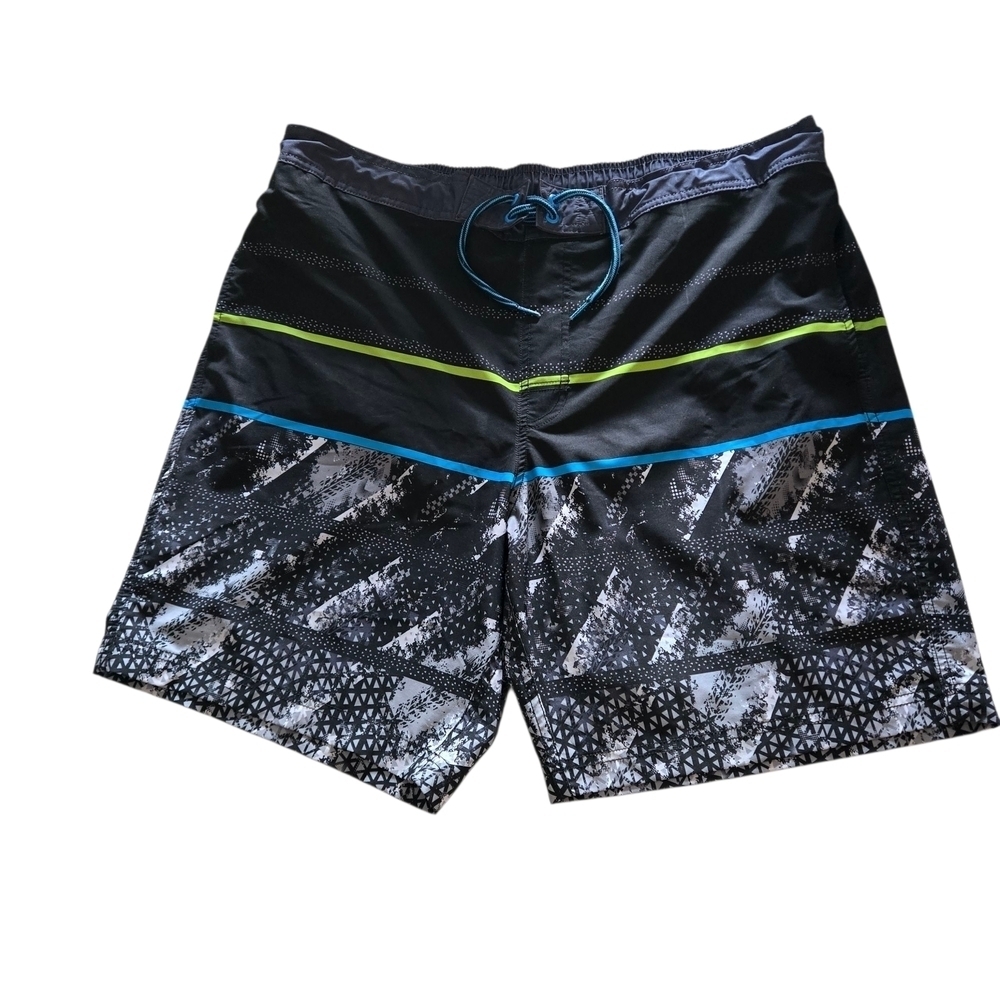 George Men XL (40-42) Black Blue Abstract Patterned 9" Swim Shorts Drawstring